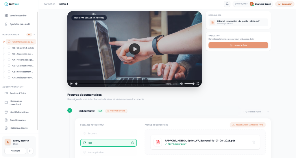 Plateforme Easy'Qual - Formation vidéo et dépôt des preuves