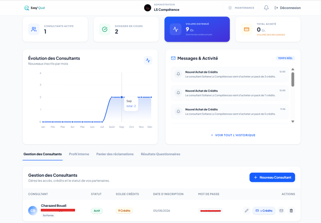 Interface Easy'Qual Consultants - Tableau de bord et gestion des consultants