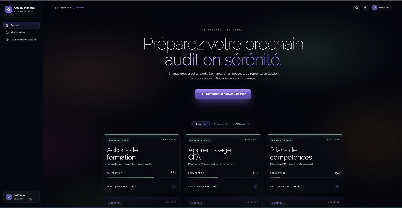 Quality Manager — tableau de bord d'accueil